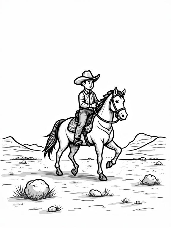 Cute cowboy riding horse across desert. Coloring book page. Black and white outline, simple design, easy to color. White background.
