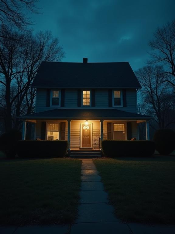 An empty suburban house at night with the porch light on. The interior is dimly lit and windows are dark. The atmosphere is eerily quiet with horror cinematic lighting creating an ominous mood.
