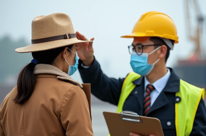 Two people in protective gear are having a discussion at a construction site.