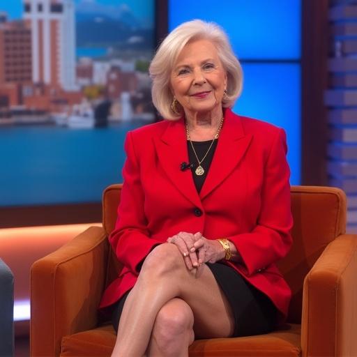 An older female TV presenter is seated. She wears a striking red blazer with a matching skirt and stylish black boots. The background features a bright studio setting.