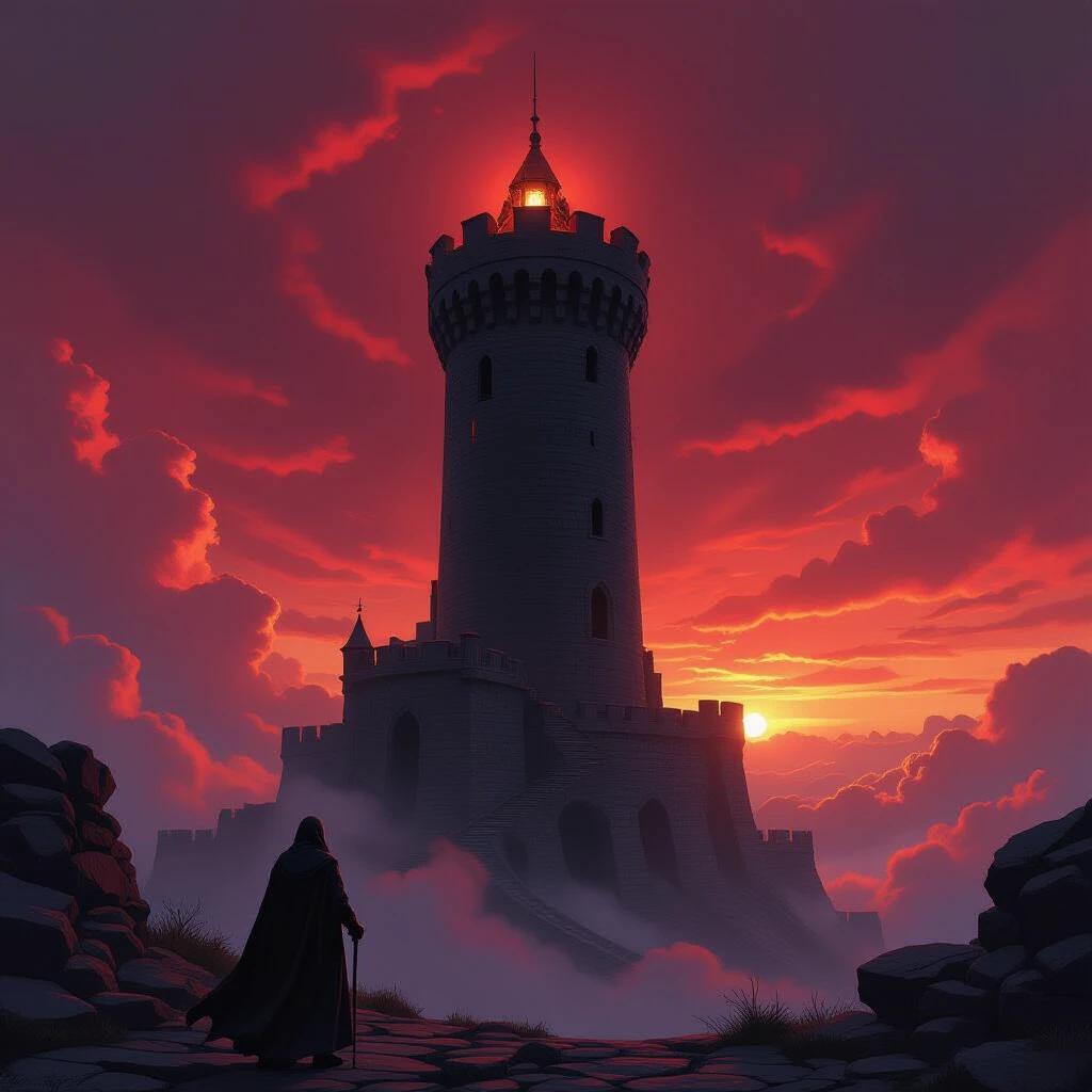 A tower known as the Tower of Silence in the Kingdom of Vorathar. The sky is a vivid red at sunset. The tower is made of black stone weathered by time. Mist surrounds the tower, filled with the scent of sulfur and ash. A figure stands near the tower, wearing dark robes, holding a mysterious artifact.