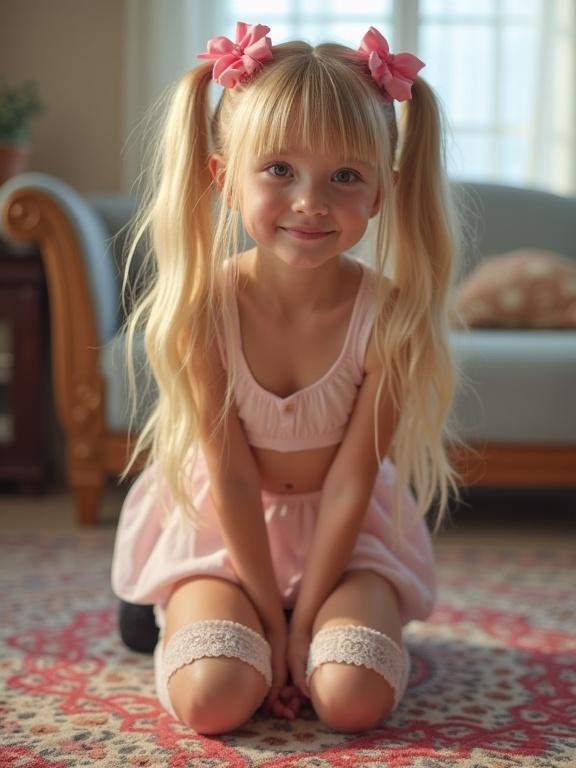 A young girl kneels on a colorful rug in a soft-lit living room. Long blonde hair styled in twin tails with pink bows. Wearing a short crop top and pale pink mini-skirt. Thigh-high socks with lace detail and black shoes. Captivating smile and engaging expression.