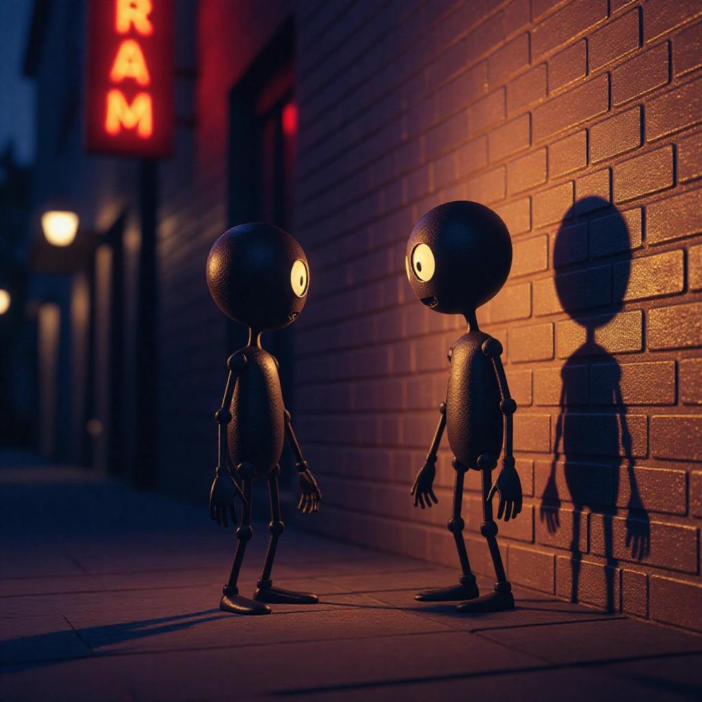 Faceless stickmen with hunched posture engage in a moment of revelation. They exhibit hesitant movements. Scene set in a moody, backlit environment with deep colors. Features artistic fisheye distortion.