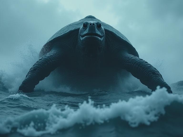 Cinematic view of a large dark turtle emerging from the ocean. The turtle appears to be 200 feet tall with dark greyish-blue coloration. The scene shows a low camera angle looking up at the turtle. The ocean is tumultuous with waves and mist. The sky is cloudy and stormy with rain visible. The creature has tusk-like teeth and prominent claws. The overall atmosphere is atmospheric and dramatic.