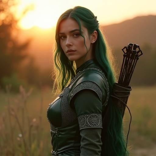 A 20-year-old female scout named Mira stands confidently in a medieval fantasy training ground. She wears dark green fitted leather armor with silver filigree. The armor has sheer fabric sections at the shoulders and sleeves. Her neckline features a fine mesh panel. Her long green-tinted hair falls over one shoulder in soft waves. She carries a finely crafted shortbow and a pouch filled with traps. The warm sunlight casts a dramatic effect on her and the training ground.