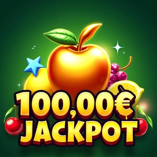 Casino advertisement featuring a vibrant digital art design. Showcases a jackpot theme with colorful fruit icons. Includes a shiny gold apple, a blue star, green grapes, red cherries, and yellow lemons. The background features bright neon lights and a gradient of green. Text includes '100.000€ JACKPOT', 'Volcano bet', 'Čestitamo B.C.', and 'AMUSNET' in bold fonts. The design has a playful style with a glossy texture.