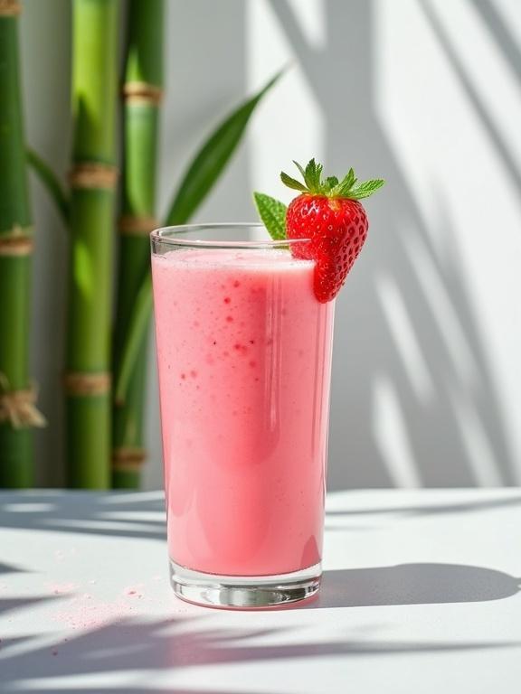 Photograph of a pink smoothie with a strawberry and mint garnish in a clear glass. Smoothie stands on a light gray surface with sunlight casting shadows. Background features green bamboo stalks and leaves. Bright and sunny day with high contrast and sharp details. Modern and fresh vibe with minimalist composition. Natural light and summer feel in an outdoor setting. Hand shadow is in the foreground. Vibrant colors showcase a refreshing drink with a smooth texture.