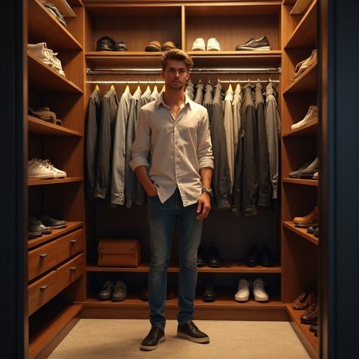Hyper-realistic detail with rich colors and soft golden lighting. Stunning man in casual collar shirt and smart designer jeans in a modern closet. Lots of manly clothes are hanging from a well-designed rack. Melamine shelving holds shoes and other clothes in a well-lit room. Detailed focus throughout.