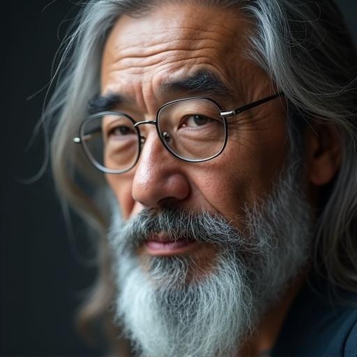 Closeup shot of a handsome Chinese man with long gray hair and beard. He has modern prescription glasses. His expression is serene and thoughtful, appearing around 45 years old.