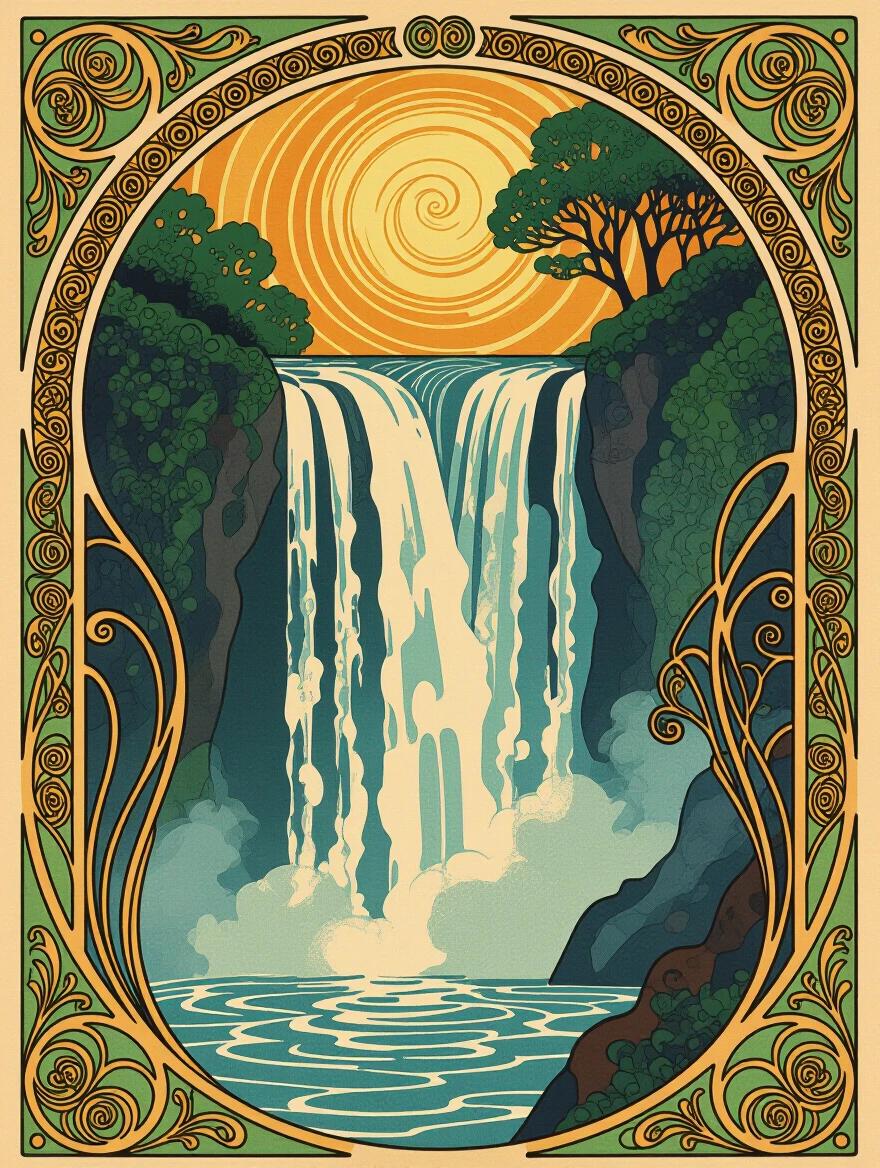 Stylized waterfall with flowing organic lines in an Art Nouveau style featuring elegant curves and natural motifs influenced by Gustav Klimt patterns. The illustration depicts ornamental beauty reminiscent of the turn-of-century artistic movement with decorative arts quality.