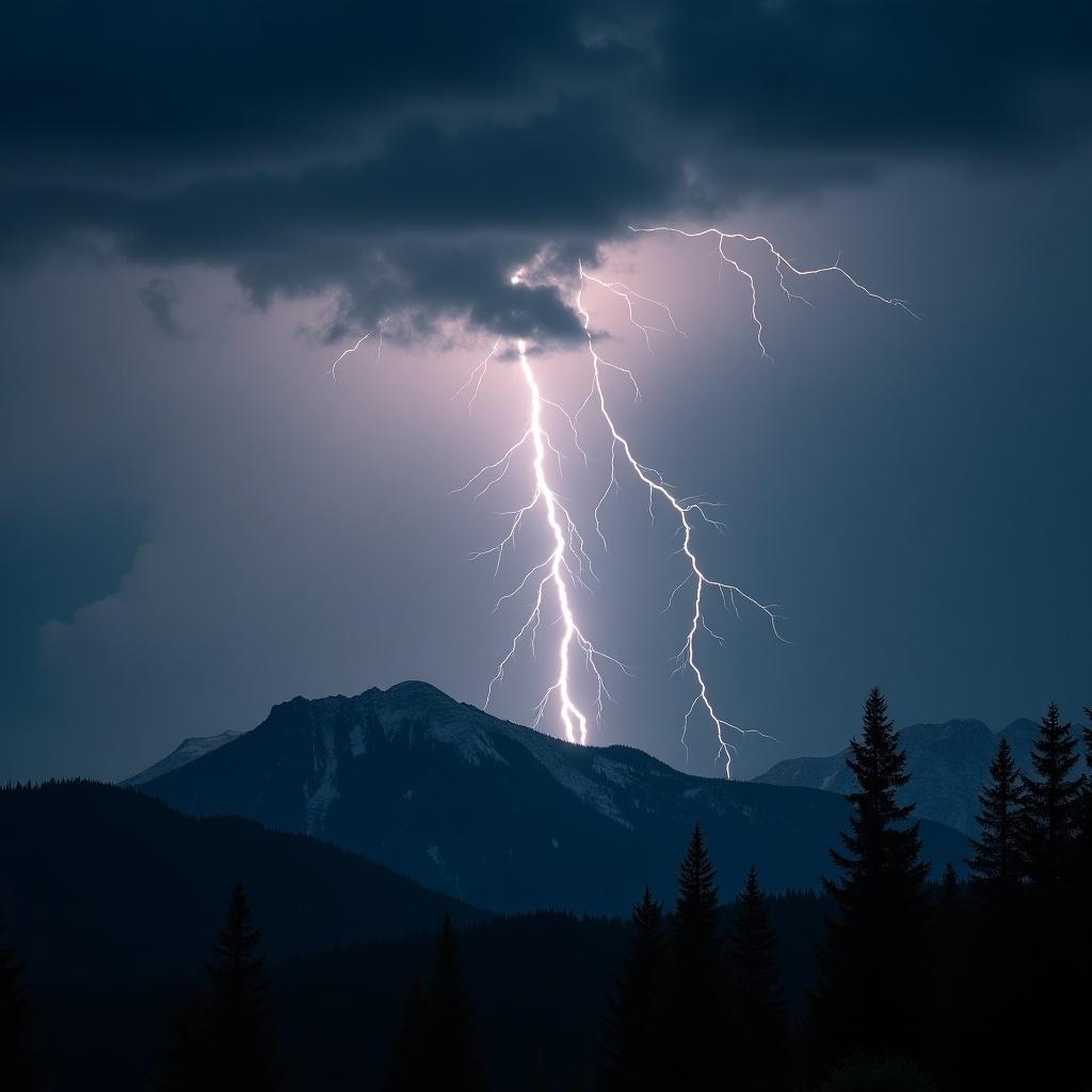 Dramatic scene of lightning over dark storm clouds with mountainous landscape and pine forest.