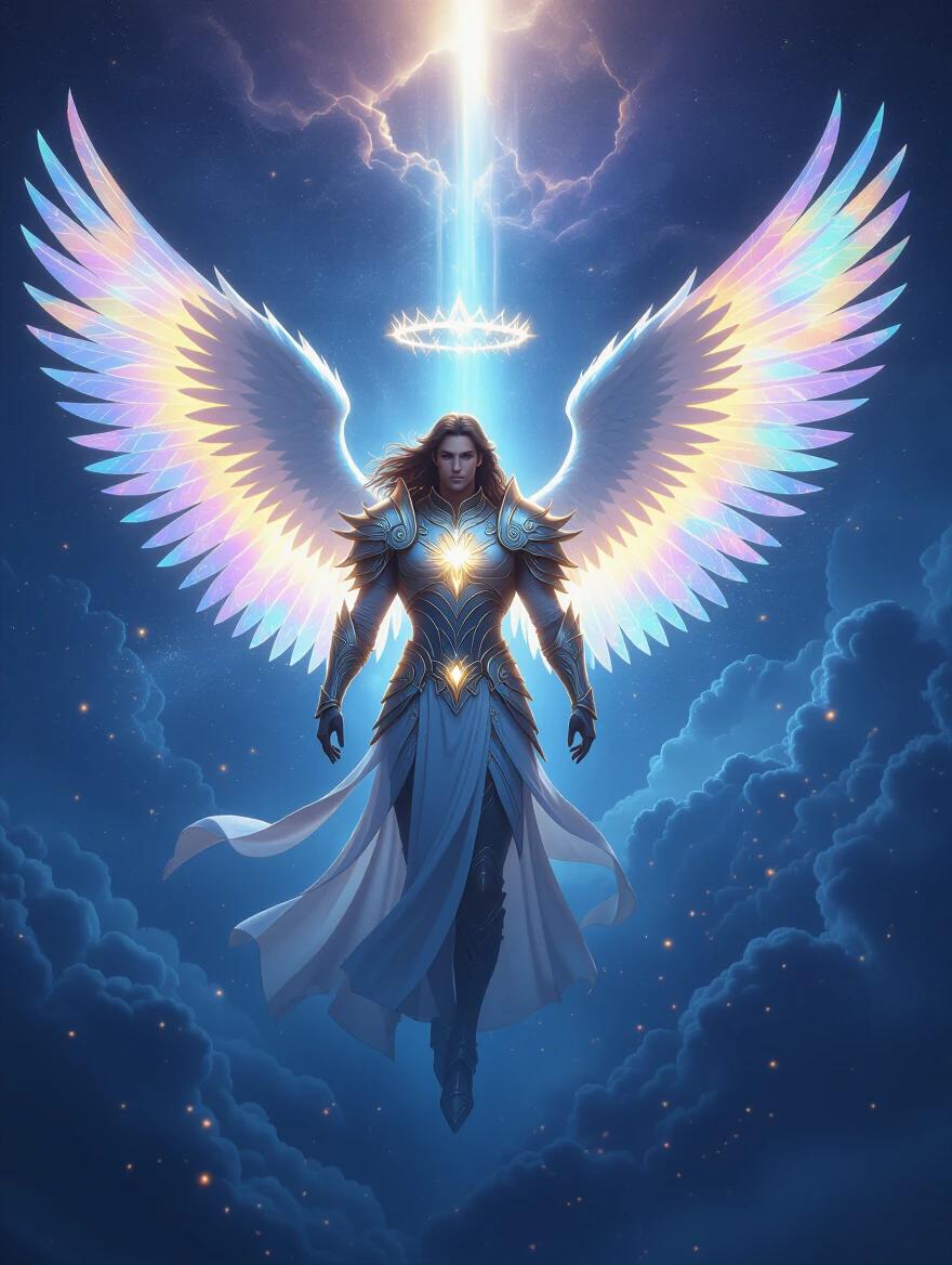 Majestic celestial angel descends from glowing rift in night sky. Wings shimmer like galaxies. Armor forged from starlight with ancient runes. Crown of light floats above. Background features cosmic storm with blue and purple hues. Image exhibits ultra-detailed fantasy art.