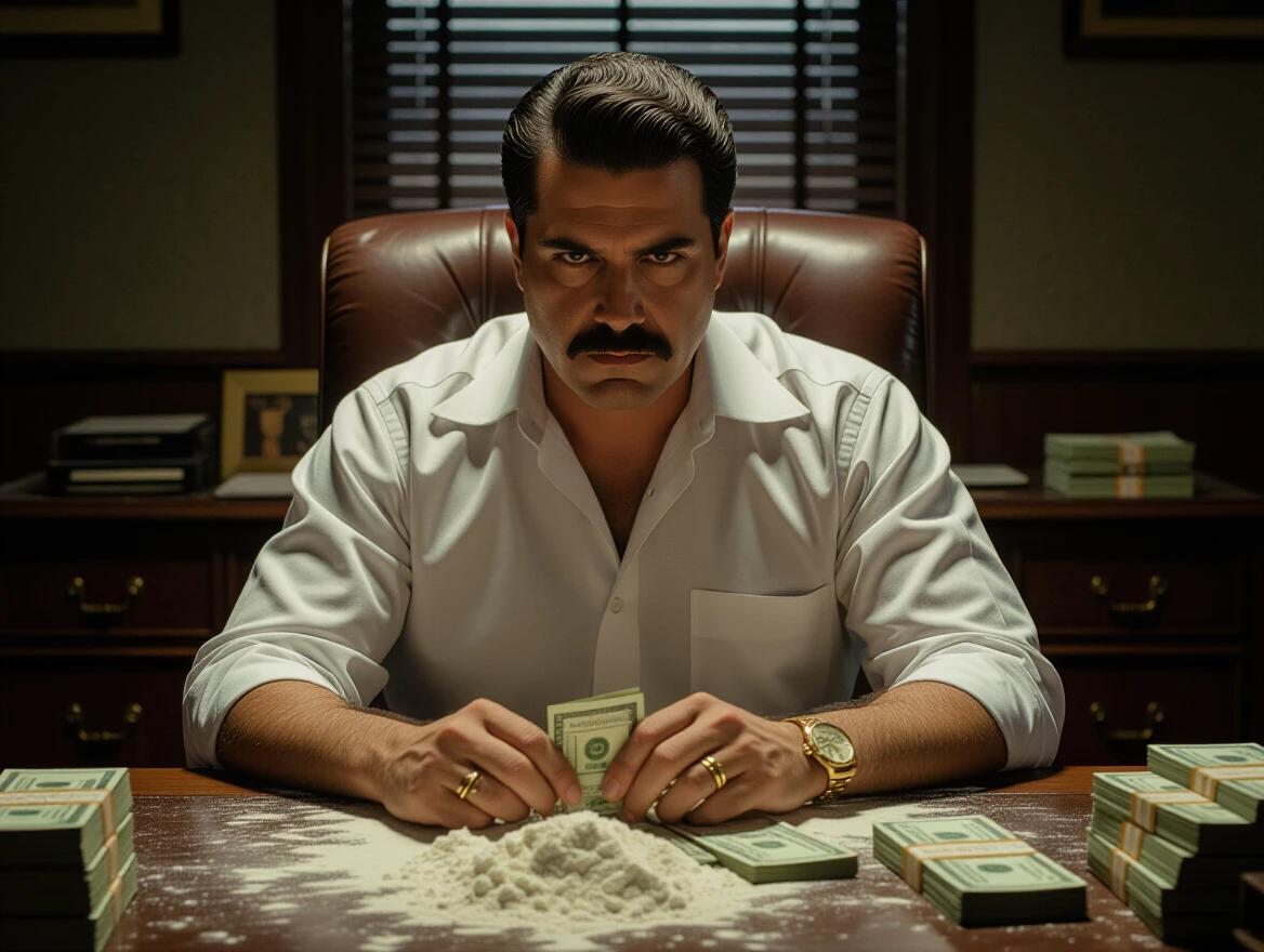 A man sits on a leather chair behind a wooden desk in a dimly lit, retro-style office. Desk has scattered white flour and stacks of cash. The man is seriously counting money. He has a thick mustache, a wide-collar shirt, a gold watch, and a slightly unbuttoned shirt. The scene has a vintage, gritty cinematic look with moody shadows and old-school decor in the background.