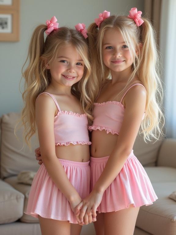 Two girls with blonde long hair in twin tails. They wear pink crop tops and skirts, standing in a living room. They smile happily. The image has a pixelated low-resolution effect with bright colors.