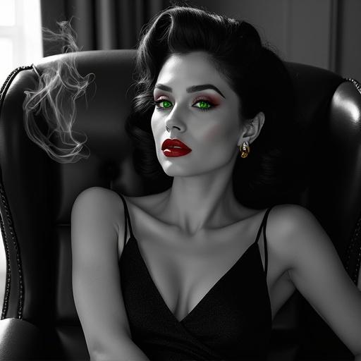 Neo-noir portrait featuring a glamorous femme fatale in a leather armchair. The image uses high-contrast black and white with selective color highlights. Vintage Hollywood waves in hair with a sleek, textured dress. Vivid red lips and glowing green eyes. Smoke swirls from a cigarette holder creating a moody atmosphere.