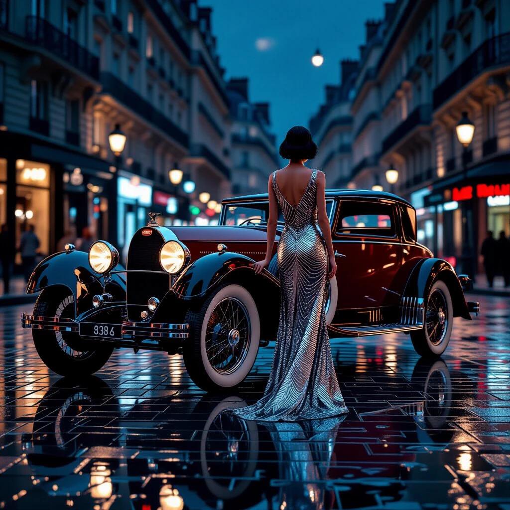 A slim woman stands behind a burgundy Bugatti Type 35. The setting is a 1925 Parisian boulevard at midnight. Wet cobblestones reflect light. The atmosphere is Art Deco. The woman wears a geometric silver patterned dress. Streetlamps illuminate the scene softly. The background features a blurred Théâtre des Champs-Élysées.