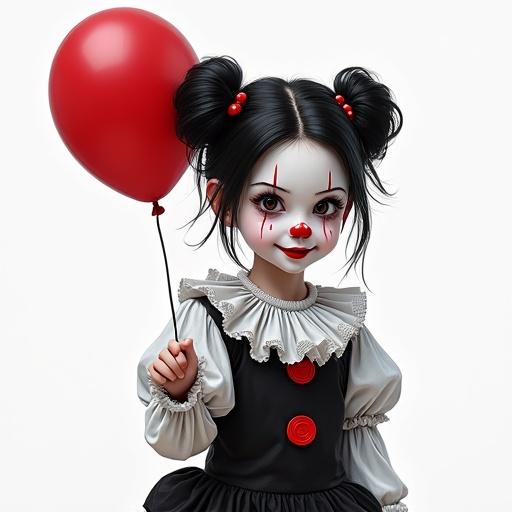 A young girl with pigtails and clown makeup smiles while holding a red balloon. She wears a shiny black and white clown suit against a white background.