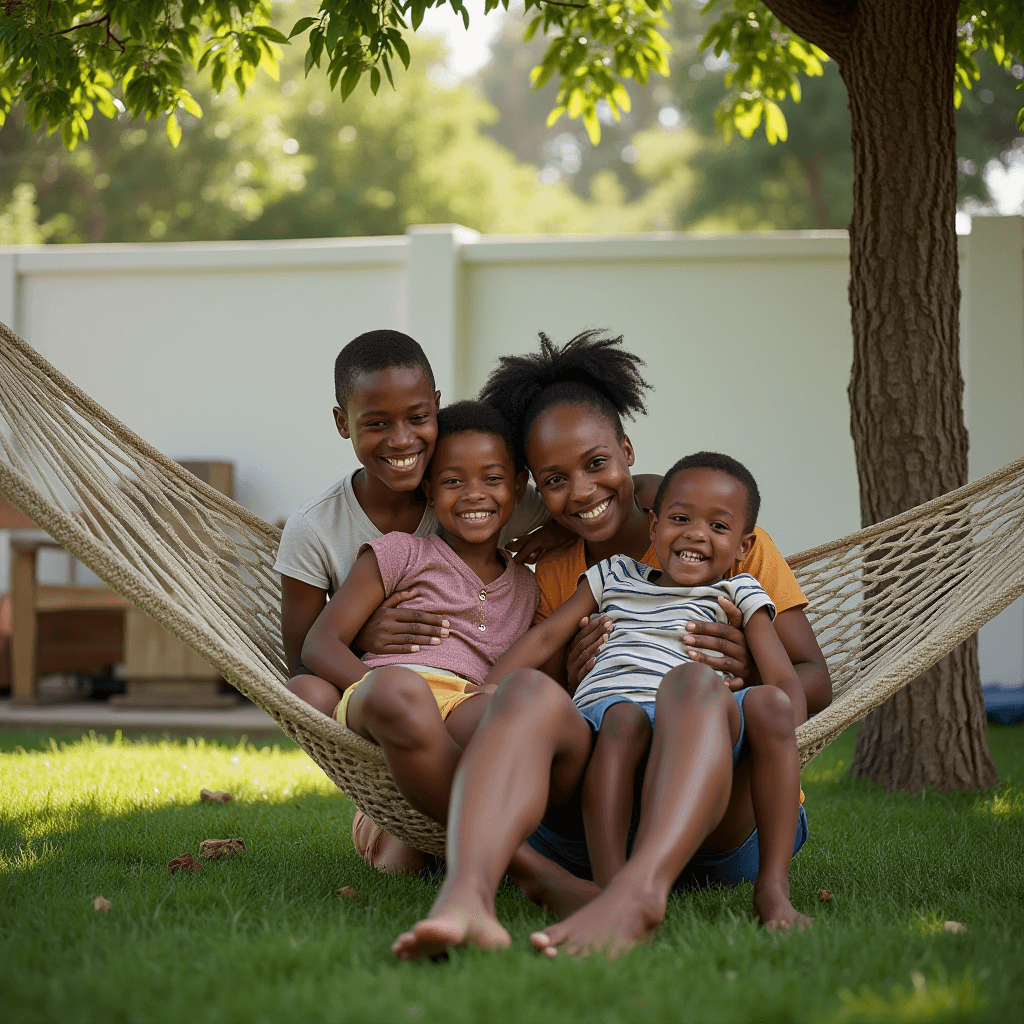 A happy family of four relaxes together on a hammock in a sunny backyard.