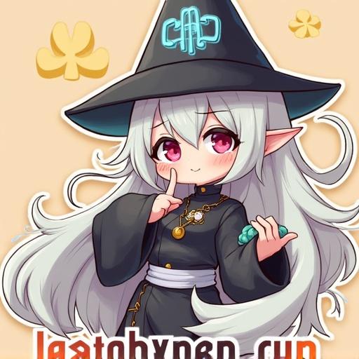 Chibi version of an anime character with long white hair wearing a black wizard hat. Character has pink eyes and a playful expression. Holding a small object in hand. Soft pastel background with clovers.