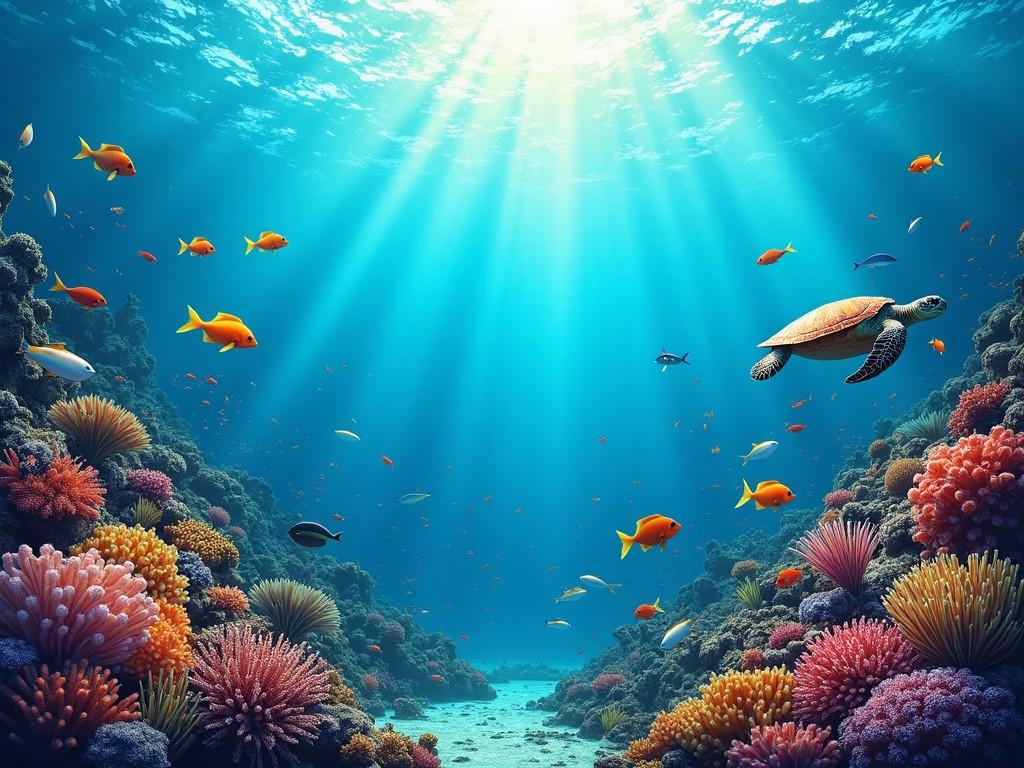 This image captures a vibrant underwater scene teeming with life. Rays of sunlight filter through the clear blue water, creating a magical atmosphere. A sea turtle gracefully swims amidst colorful coral formations and schools of tropical fish. The underwater landscape showcases a variety of corals in shades of pink, orange, and purple. This depiction highlights the beauty and diversity of marine ecosystems, emphasizing the importance of ocean conservation.