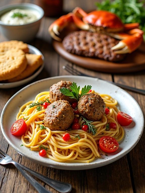 A plate of spaghetti with meatballs garnished with tomatoes and parsley. An arrangement of seafood featuring a large crab alongside golden biscuits and lemon slices. A grilled steak garnished with rosemary is served with fresh vegetables on a wooden plate.