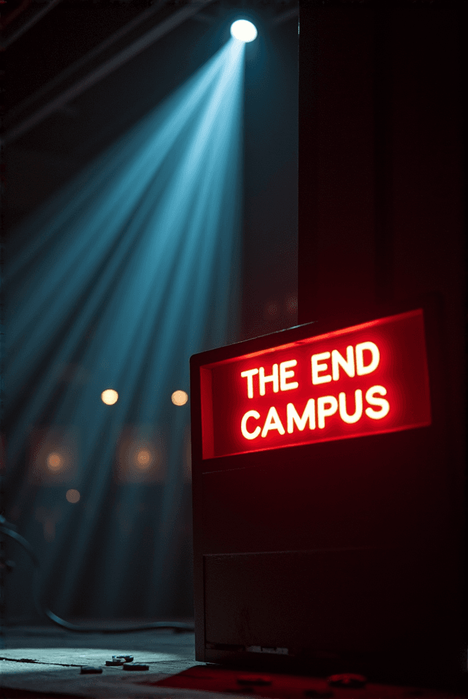 A spotlight casts dramatic beams across the dark background, illuminating a sign reading 'THE END CAMPUS' in red lights.