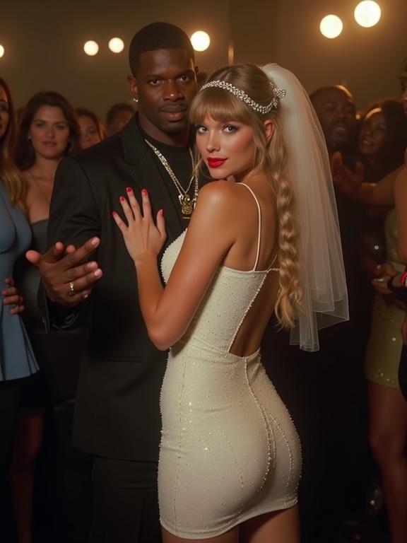 Taylor Swift and Biggie Smalls in a nightclub. Taylor Swift wears a white wedding dress with a deep neckline. She embraces Biggie Smalls closely. The background features crowding figures in a nightlife setting. A candid shot capturing the moment.