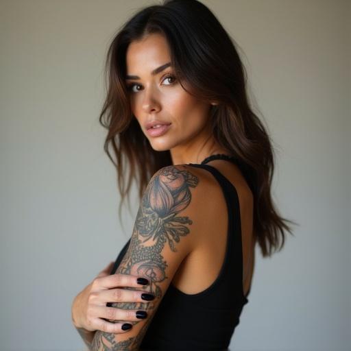 Confident woman in sleeveless top poses turning slightly. She shows a detailed tattoo on her upper arm. Natural lighting creates soft shadows. Focus on tattoo area with a clean background.