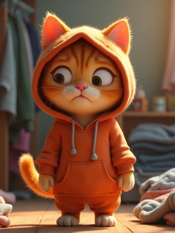 Pixar-style 3D orange tabby cat character in a hoodie standing in front of overflowing laundry pile with frustrated expression in soft indoor light with a messy bedroom background.