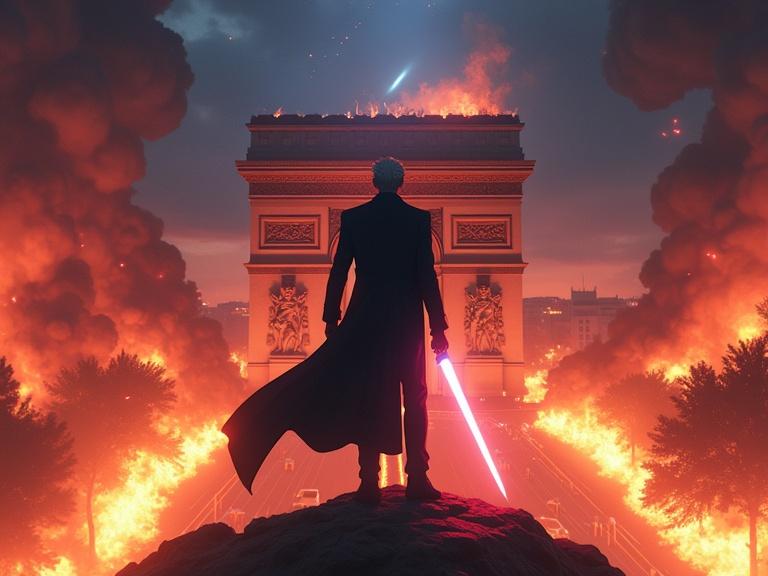 Anime-style representation of Paris in chaos. French President stands atop Arc de Triomphe. Surrounded by flames. Holds plasma blade. Red-white-blue aura around him. High contrast fire FX. Emotional determined gaze.