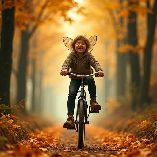 Pixie rides a penny farthing bike in a tunnel of trees during autumn. Child laughs joyfully. Colorful leaves surround the path.