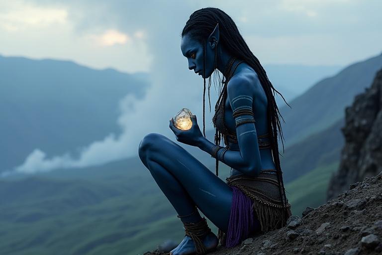 Kaari holds a glowing stone close to her chest while weeping in silence. She is a Na'vi female with radiant blue skin. Her figure is athletic. She appears on a windswept peak. The stone shines gently in her hand. Tears fall down her cheeks. She wears a damaged bead covering and a purple loincloth. The background shows a smoky horizon.