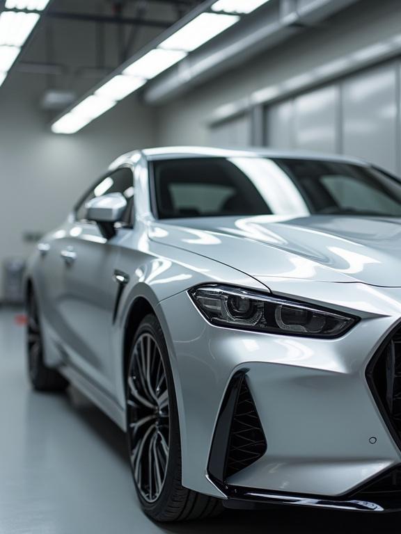 Car paint service featuring silver metallic painting by spray gun. The car is sleek with modern design in a well-lit studio.