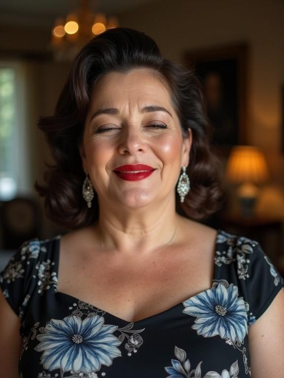 Charming housewife with face wrinkles and closed eyes. Chubby and busty appearance. Long diamond earrings. Thick body. Realistic HD digital photo. 1950s hairstyle. Italian brunette. Vintage black and blue floral dress. Close-up portrait with big red lips. Slightly smiling expression.