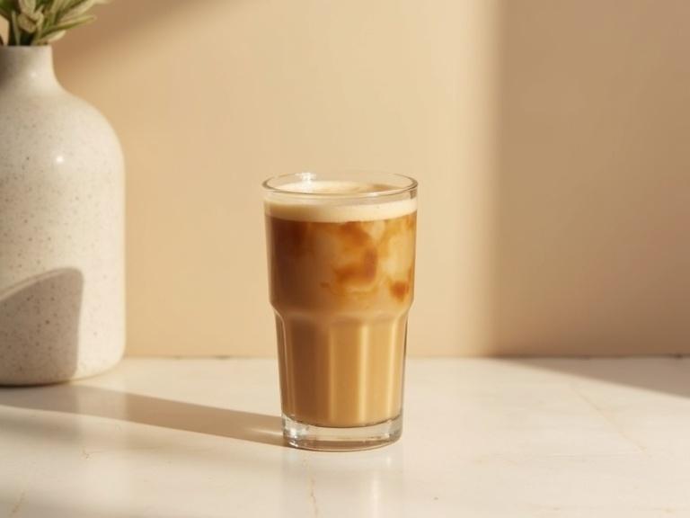 Glass of iced coffee latte on light stone surface. Neutral beige wall serves as background. Clean modern aesthetic emphasizes beverage. Natural soft light creates inviting atmosphere.