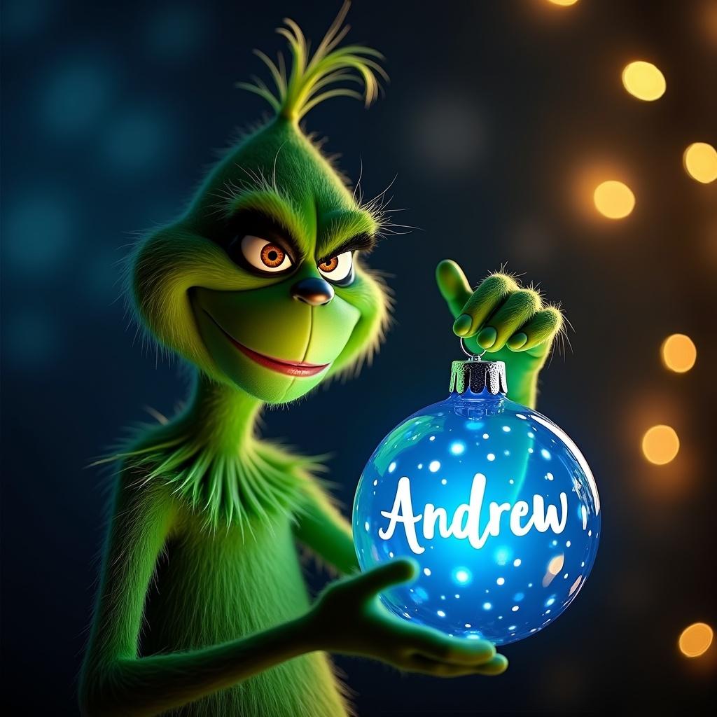 Grinch character holding a glowing blue Christmas ornament with the name Andrew. Ornament casts light in a dark background with twinkling Christmas lights. This image evokes a magical and festive Christmas atmosphere.