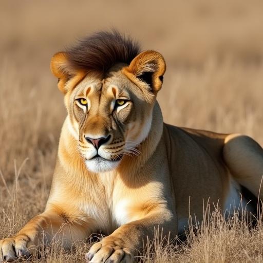 Humorous depiction of a lioness with a human-style haircut. The lioness lies calmly on dry grass. Fur is a rich golden-brown. Features a synthetic hairstyle resembling a side-part or comb-over. Background is dry savannah grass with warm hues. Soft natural lighting adds realism despite the absurdity.