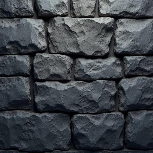 Seamless and infinitely tileable texture of an ancient stone wall material. The texture features dark and irregular stone blocks. The colors are desaturated charcoals and deep grays. The lighting is flat with no shadows. The focus is on material definition in a digital painting style.
