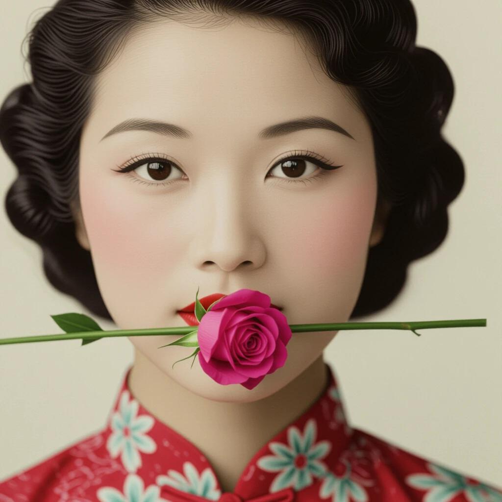 Closeup photo of a woman from 1940 in Shanghai wearing traditional attire. She holds a rose in her mouth. Focus on the details of her outfit and the rose.