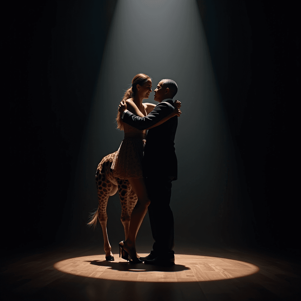 A woman with a giraffe body and a man in formalwear share an intimate dance under a spotlight.