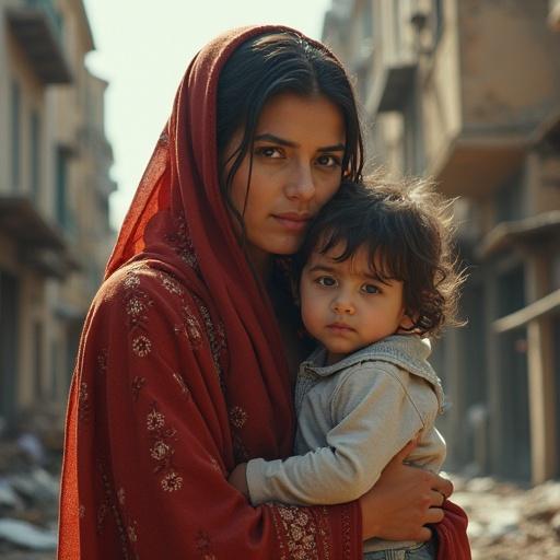 Realistic portrait of a Middle Eastern woman holding her child. Urban bombed background with rubble. Traditional clothing reflecting Palestinian colors. Intense yet peaceful expression. Natural light with detailed photography.