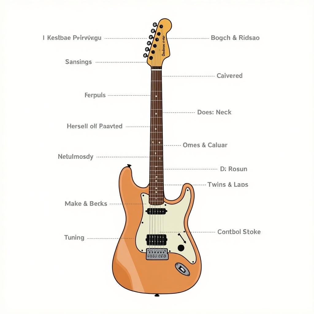 This image features an electric guitar, displayed in a clear front view, highlighting its various components. Each part of the guitar is labeled for educational purposes, making it ideal for those learning about guitar anatomy. The color scheme includes warm oranges and contrasting black, creating an inviting appearance. This illustration is perfect for music schools or online tutorials, helping students identify the parts of the instrument. The detailed labels enhance understanding for beginners and enthusiasts alike.