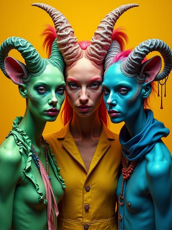 Surreal portrait featuring three eccentric figures with see-through horns dressed in vibrant attire. Colors include shades of green, magenta, yellow, and blue. Background in yellow ochre and burnt sienna.