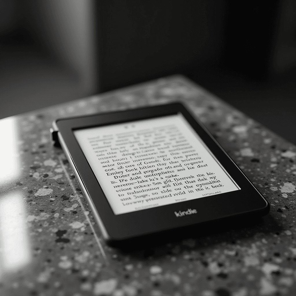 A Kindle e-reader resting on a speckled table with an open book displayed.