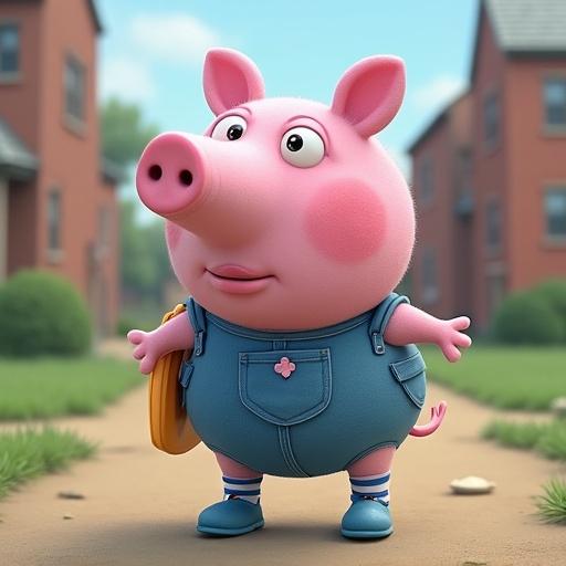 A cartoon pig character walks to school wearing only socks. The character looks disappointed about attending class. The pig expresses determination to go to school.