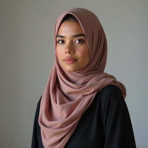 A woman wearing a beautiful hijab draped elegantly. The outfit is modest and complements the hijab. The setting is simple to highlight the headscarf.