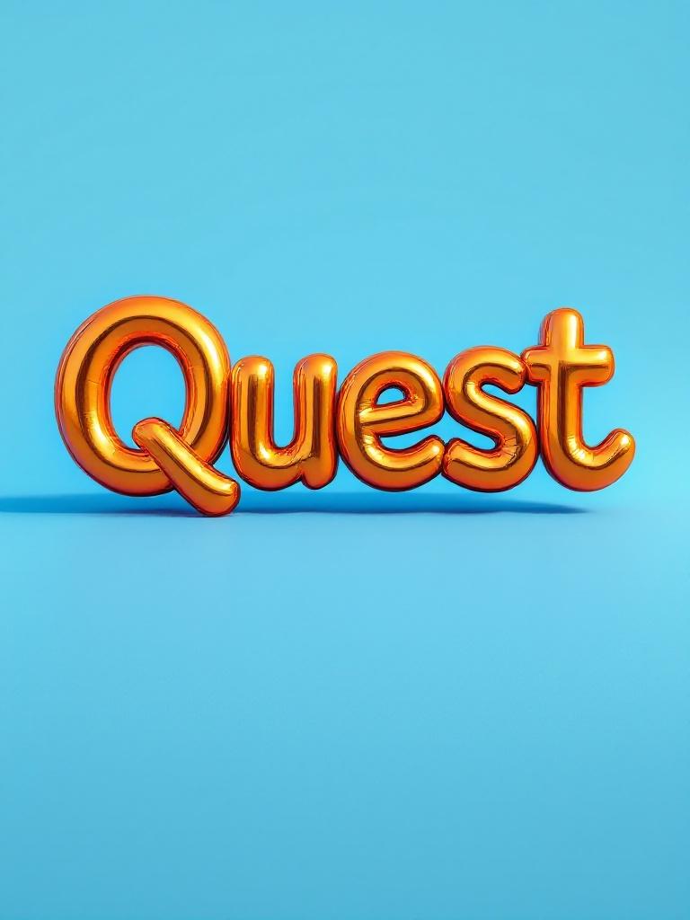 Vibrant orange text sculpture of the word Quest styled as contemporary art. Glossy finish captures light. Background is light blue to resemble the Caribbean sea. Letters have exaggerated curves and whimsical presence.