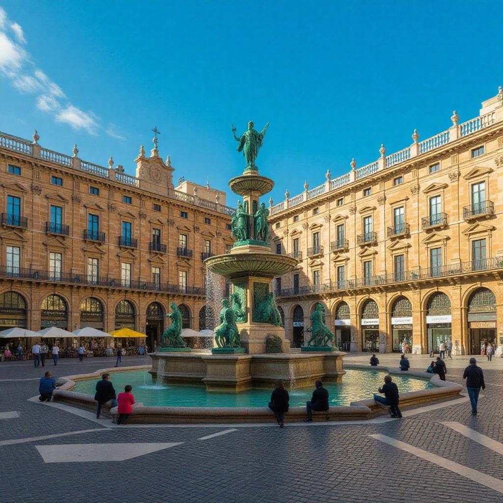 Piazza Quattro Canti in Palermo. An ornate fountain is in the center. Surrounding buildings exhibit Italian architectural styles. Visitors are seated around the fountain.