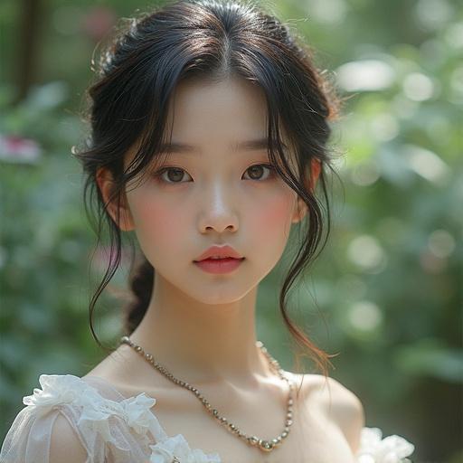 A beautiful girl holding a sign that says '牛逼'. She has a soft expression and long hair. The background includes nature elements. The image conveys elegance and charm.