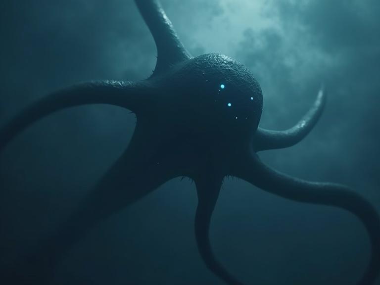 Dark cinematic view looking up at a huge long sleek tentacle creature with glowing eyes. Dark clouds surrounding the creature. Realistic details and shadows. High dynamic range. Atmospheric fog. Breaching the clouds in the sky.